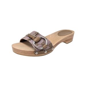Vintage Gucci Horsebit Wood Clog Slide Flat Sandal GG Monogram Beige Pink 36.5